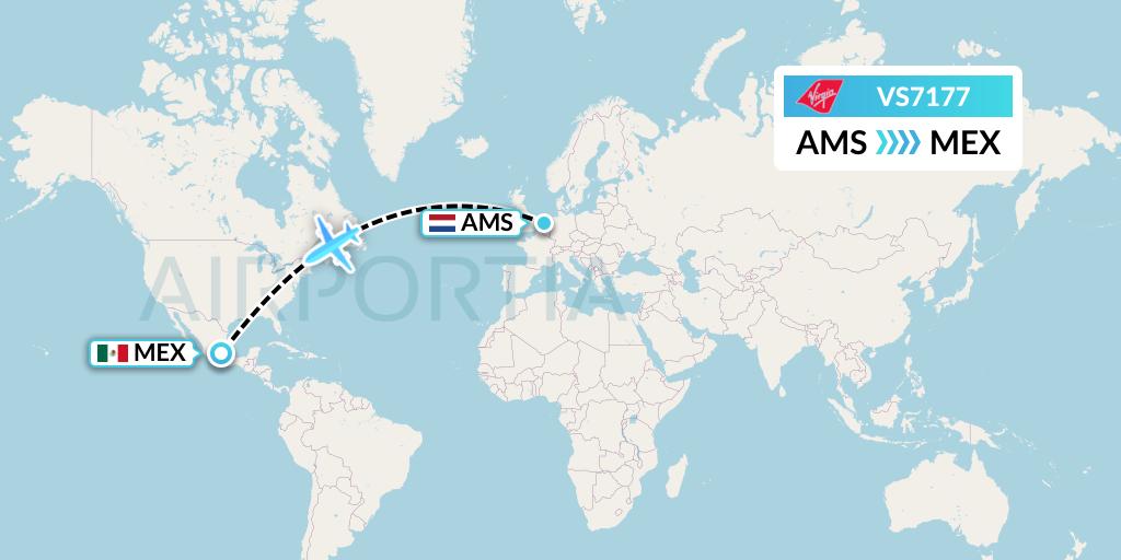 VS7177 Virgin Atlantic Airways Flight Map: Amsterdam to Mexico City