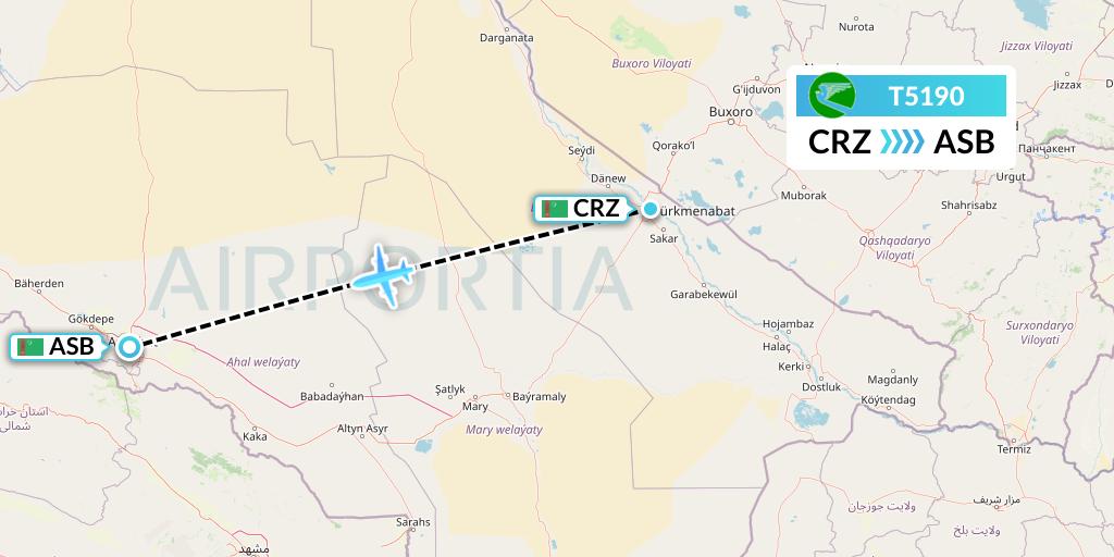 T5190 Turkmenistan Airlines Flight Map: Turkmenabat to Ashgabat