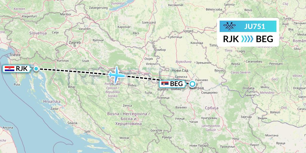 JU751 AirSERBIA Flight Map: Rijeka to Belgrade