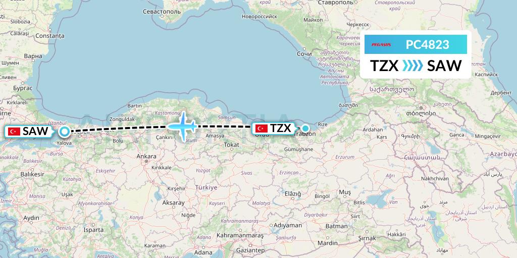 PC4823 Pegasus Airlines Flight Map: Trabzon to Istanbul