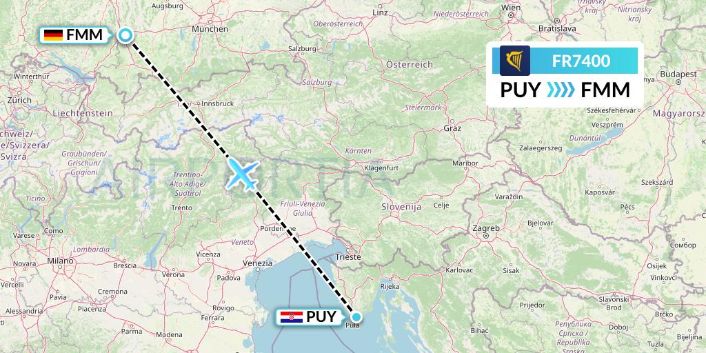 FR7400 Ryanair Flight Map: Pula to Memmingen