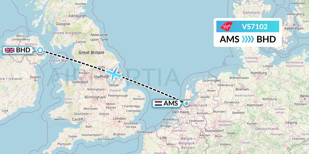 VS7102 Virgin Atlantic Airways Flight Map: Amsterdam to Belfast