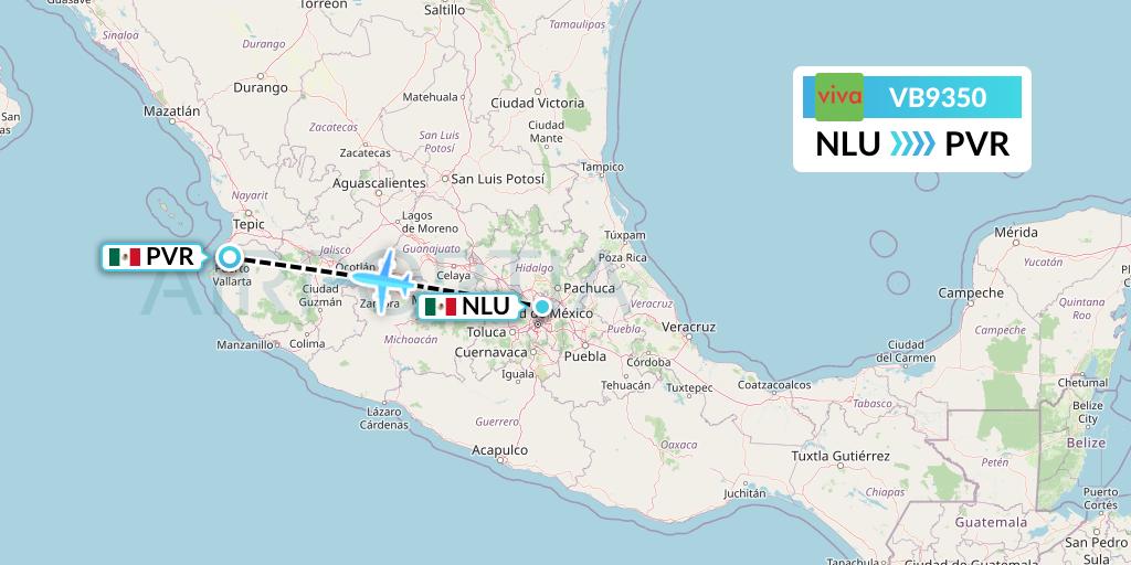 VB9350 VivaAerobus Flight Map: Reyes Acozac to Puerto Vallarta