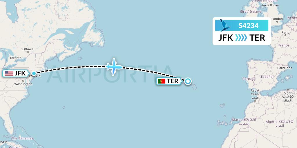 S4234 Azores Airlines Flight Map: New York to Lajes