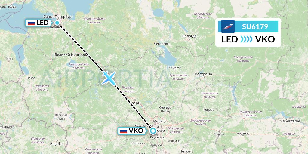 SU6179 Aeroflot Flight Map: St. Petersburg to Moscow