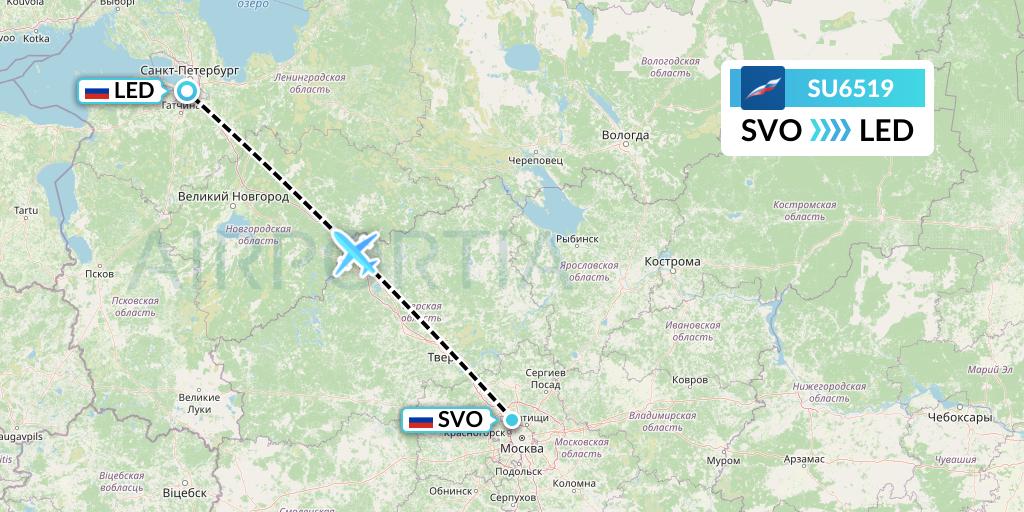 SU6519 Aeroflot Flight Map: Moscow to St. Petersburg
