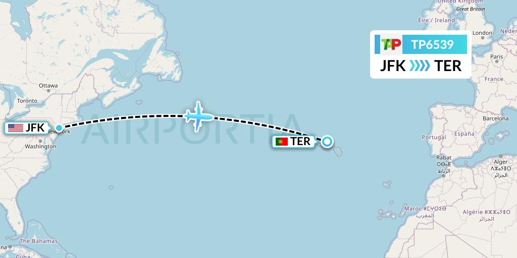 TP6539 TAP Portugal Flight Map: New York to Lajes