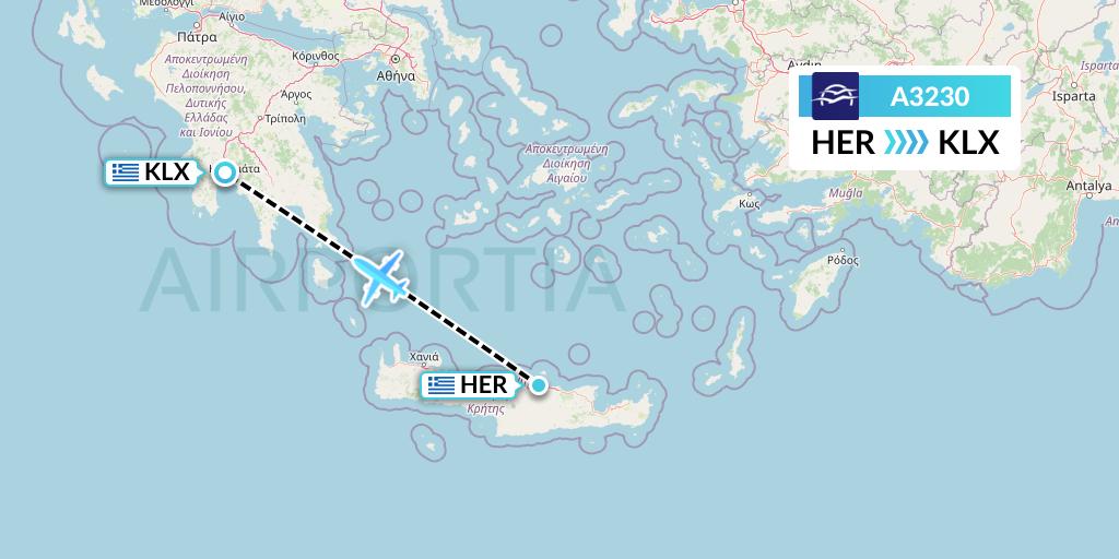 A3230 Aegean Airlines Flight Map: Heraklion to Kalamata