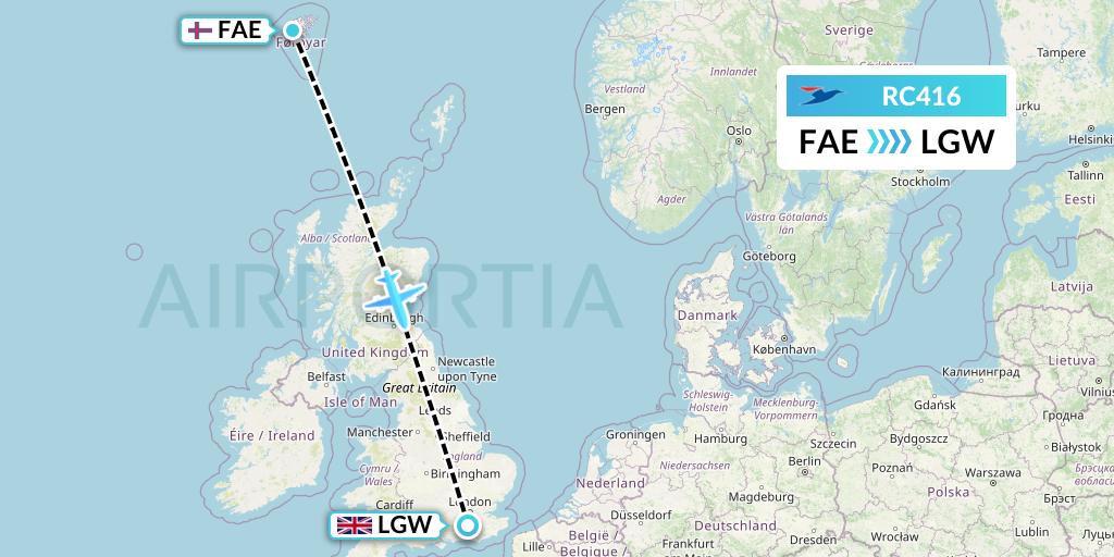 RC416 Atlantic Airways Flight Map: Vagar to London