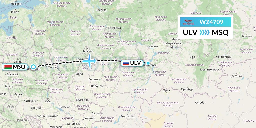 WZ4709 Red Wings Flight Map: Ulyanovsk to Minsk