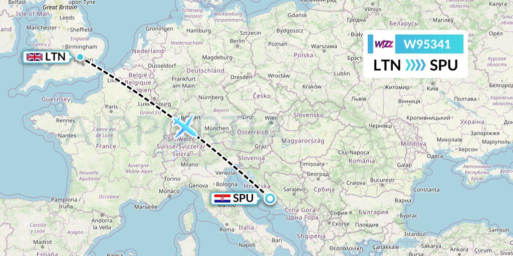 W95341 Wizz Air UK Flight Map: London to Split