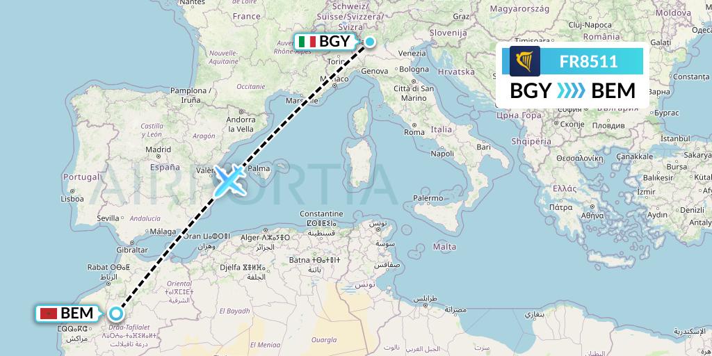 FR8511 Ryanair Flight Map: Milan to Beni Mellal
