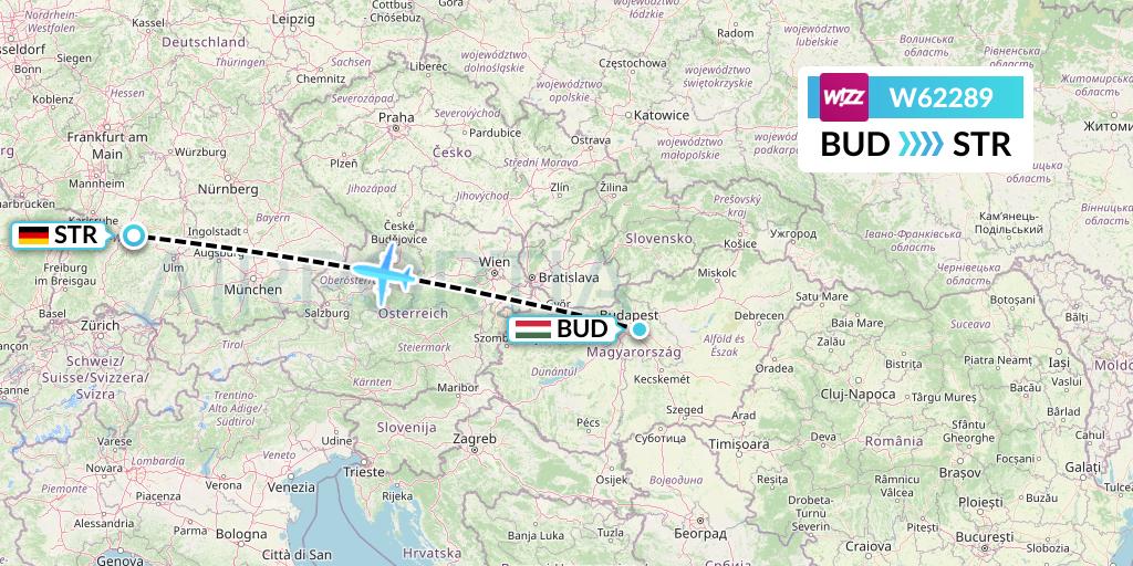 W62289 Wizz Air Flight Map: Budapest to Stuttgart