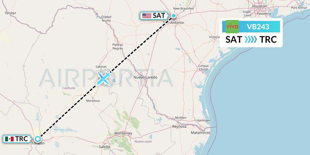 VB243 VivaAerobus Flight Map: San Antonio to Torreon