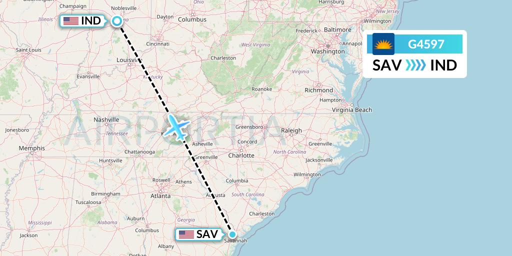 G4597 Allegiant Air Flight Map: Savannah to Indianapolis
