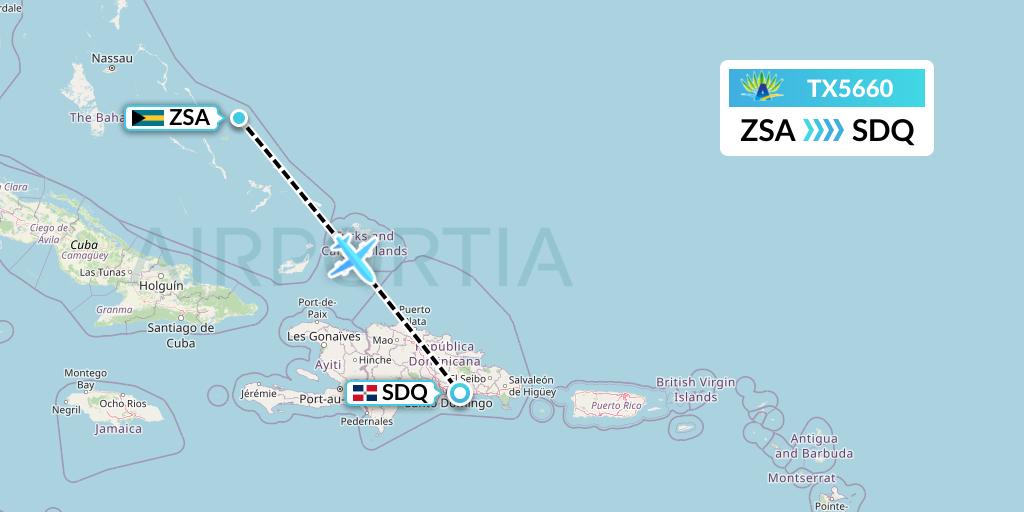 TX5660 Air Caraibes Flight Map: San Salvador to Santo Domingo