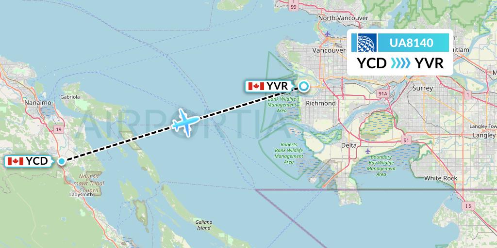 UA8140 United Airlines Flight Map: Nanaimo to Vancouver