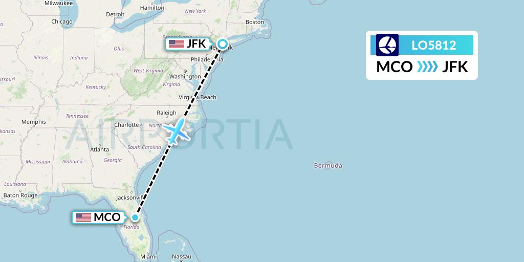 LO5812 LOT Flight Map: Orlando to New York