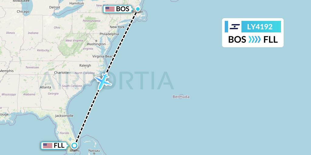LY4192 El Al Flight Map: Boston to Fort Lauderdale