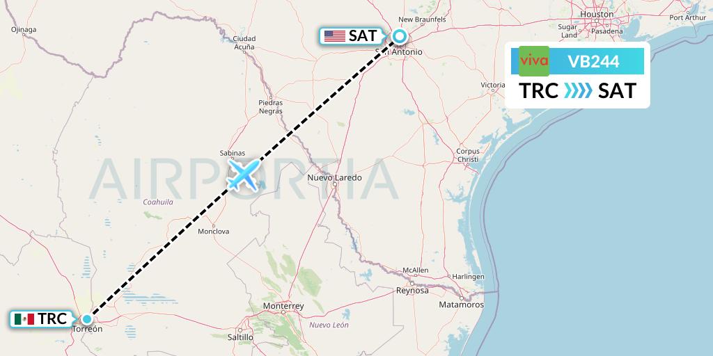 VB244 VivaAerobus Flight Map: Torreon to San Antonio