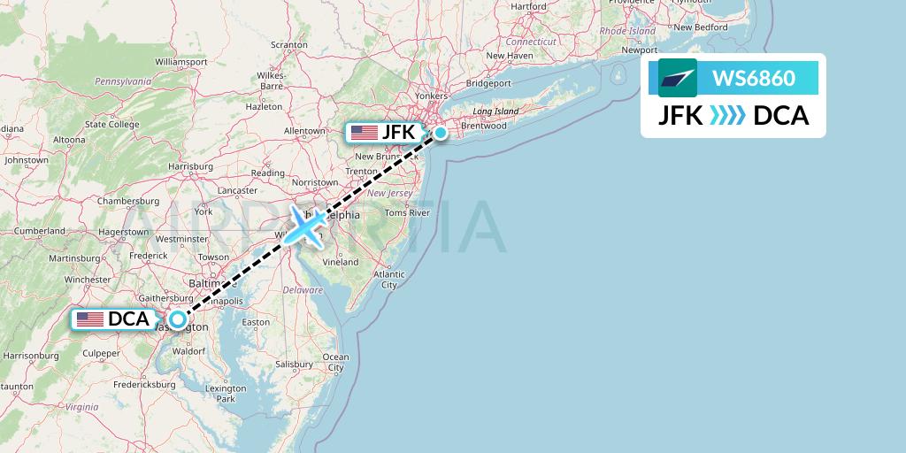 WS6860 WestJet Flight Map: New York to Washington