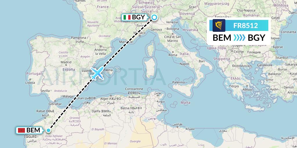 FR8512 Ryanair Flight Map: Beni Mellal to Milan