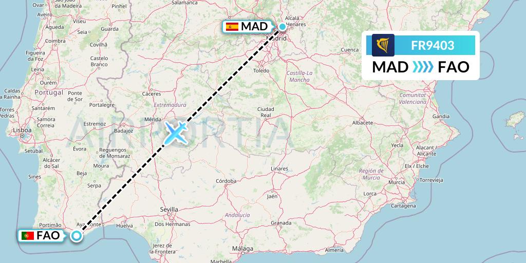 FR9403 Ryanair Flight Map: Madrid to Faro