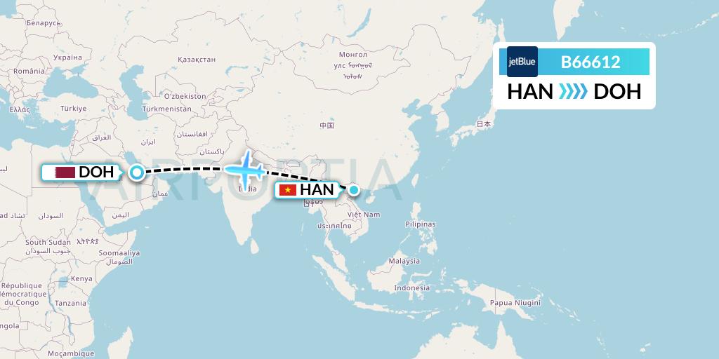 B66612 JetBlue Airways Flight Map: Hanoi to Doha