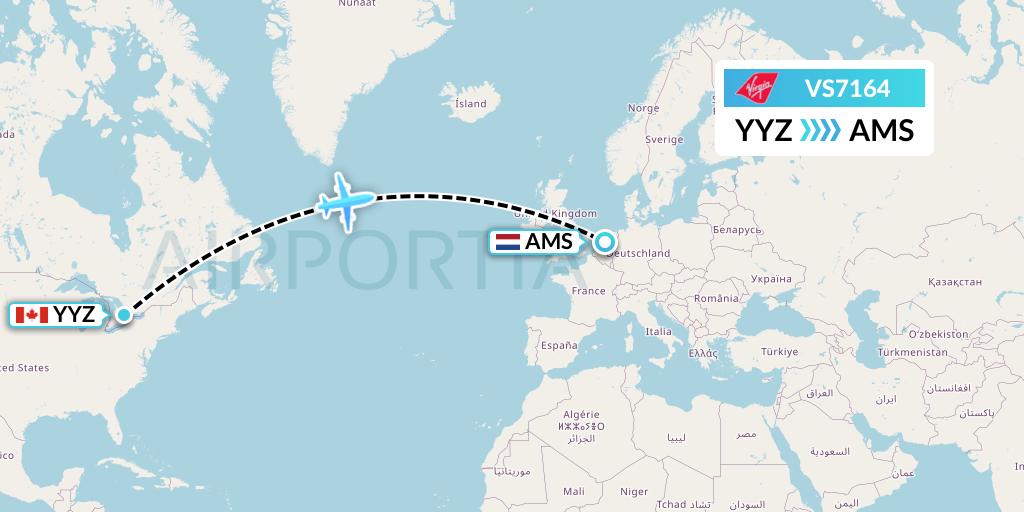 VS7164 Virgin Atlantic Airways Flight Map: Toronto to Amsterdam