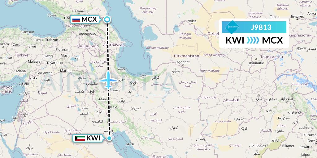 J9813 Jazeera Airways Flight Map: Kuwait City to Makhachkala
