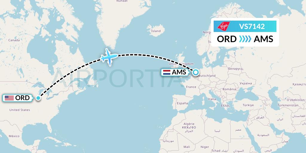 VS7142 Virgin Atlantic Airways Flight Map: Chicago to Amsterdam
