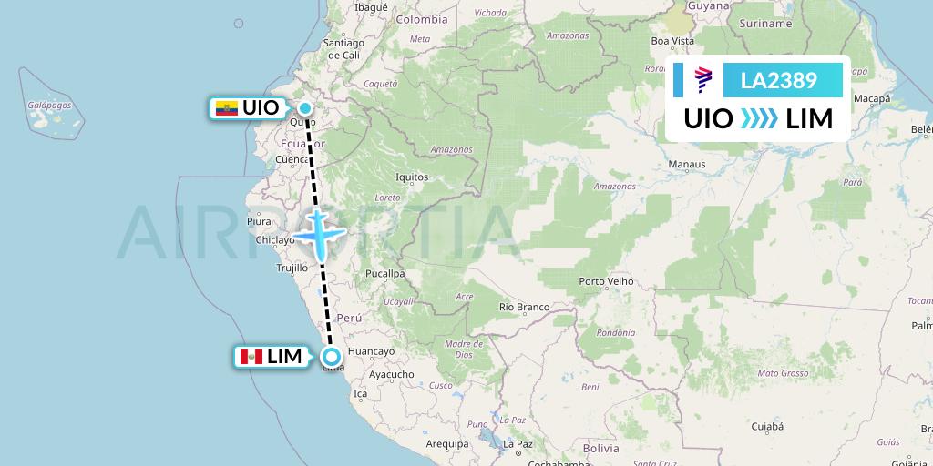 LA2389 LAN Airlines Flight Map: Quito to Lima