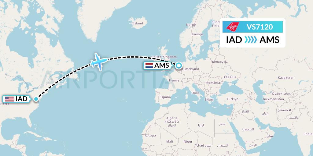 VS7120 Virgin Atlantic Airways Flight Map: Washington to Amsterdam