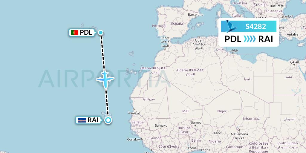 S4282 Azores Airlines Flight Map: Ponta Delgada to Praia