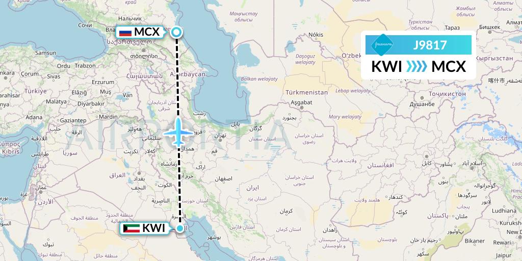 J9817 Jazeera Airways Flight Map: Kuwait City to Makhachkala