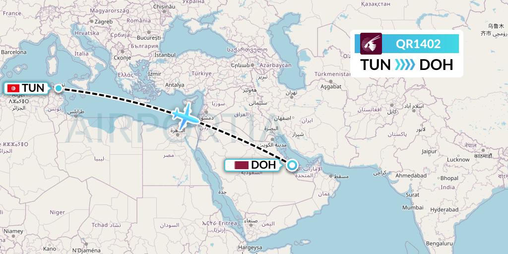 QR1402 Qatar Airways Flight Map: Tunis to Doha