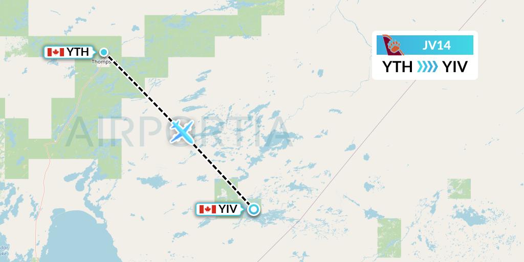 JV14 Bearskin Airlines Flight Map: Thompson to Island Lake