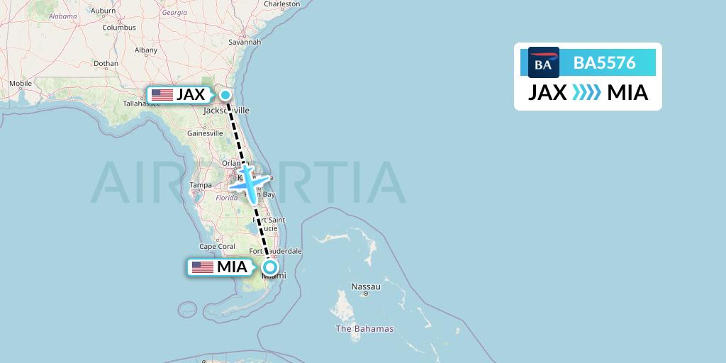 BA5576 British Airways Flight Map: Jacksonville to Miami