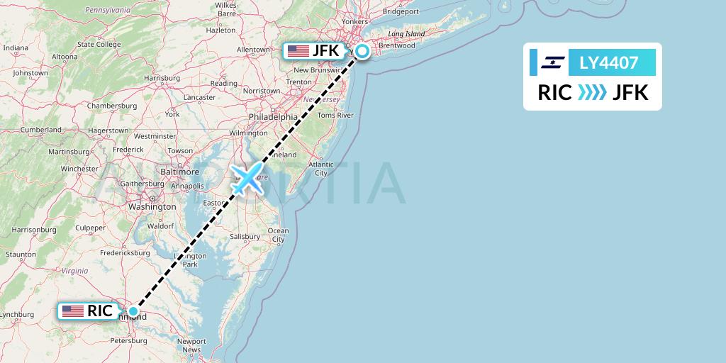 LY4407 El Al Flight Map: Richmond to New York