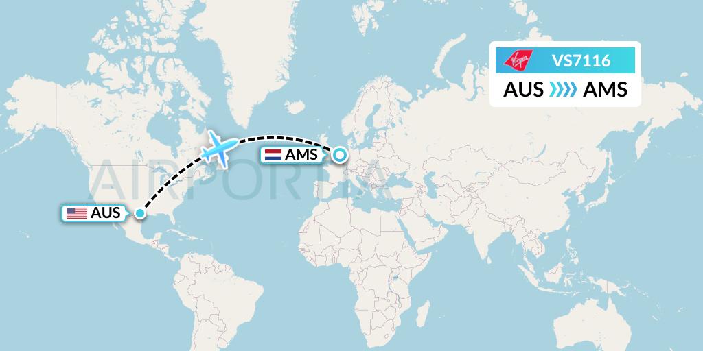 VS7116 Virgin Atlantic Airways Flight Map: Austin to Amsterdam