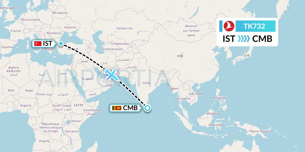 TK732 Turkish Airlines Flight Map: Istanbul to Colombo