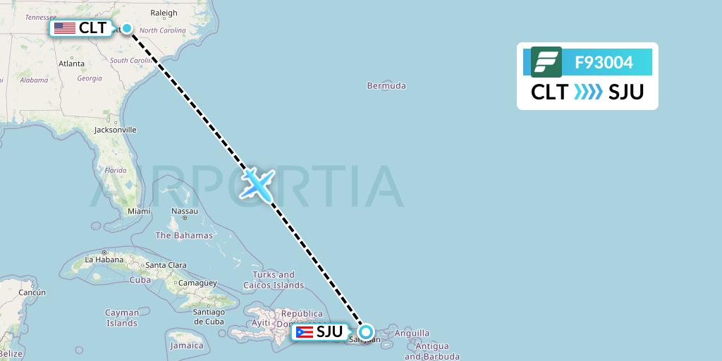 F93004 Frontier Airlines Flight Map: Charlotte to San Juan