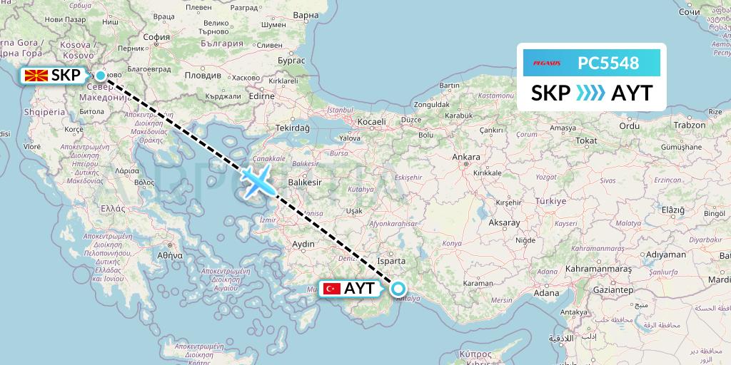 PC5548 Pegasus Airlines Flight Map: Skopje to Antalya