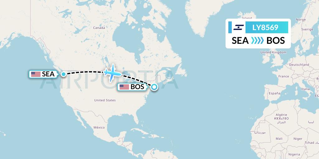 LY8569 El Al Flight Map: Seattle to Boston