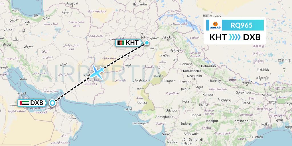 RQ965 Kam Air Flight Map: Khost to Dubai
