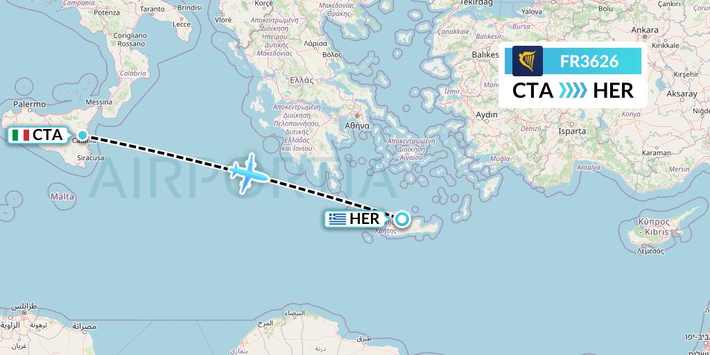 FR3626 Ryanair Flight Map: Catania to Heraklion