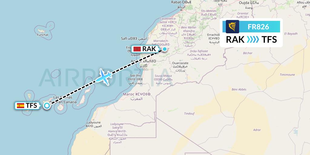 FR826 Ryanair Flight Map: Marrakesh to Tenerife