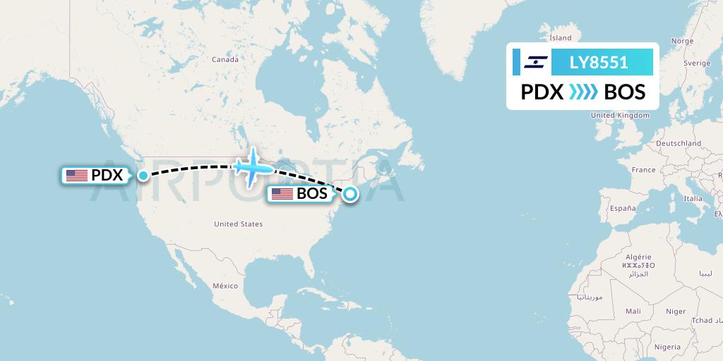 LY8551 El Al Flight Map: Portland to Boston