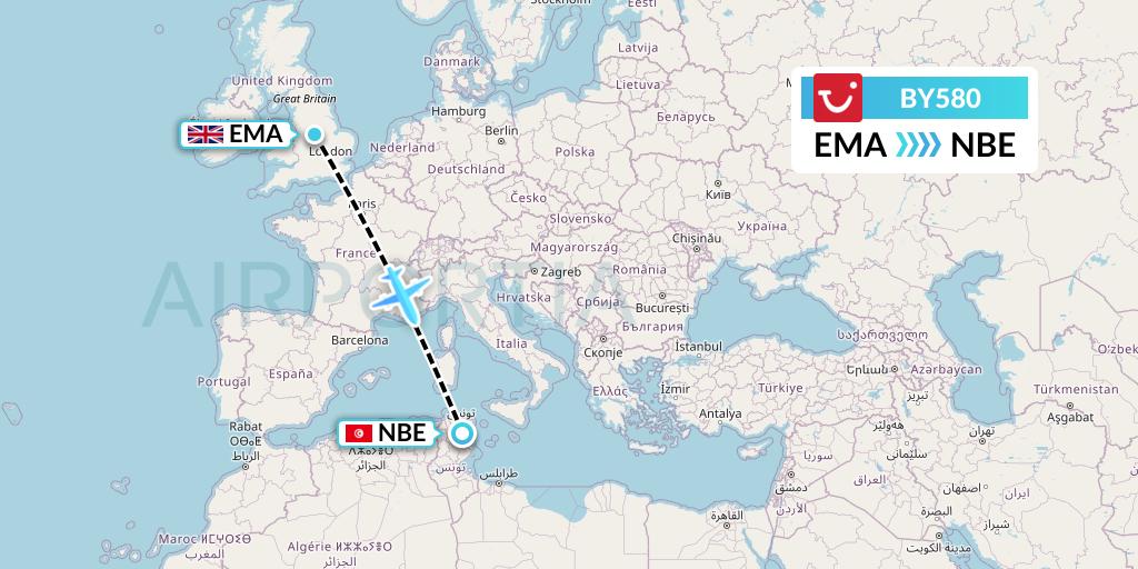 BY580 TUI Airways Flight Map: East Midlands to Enfidha