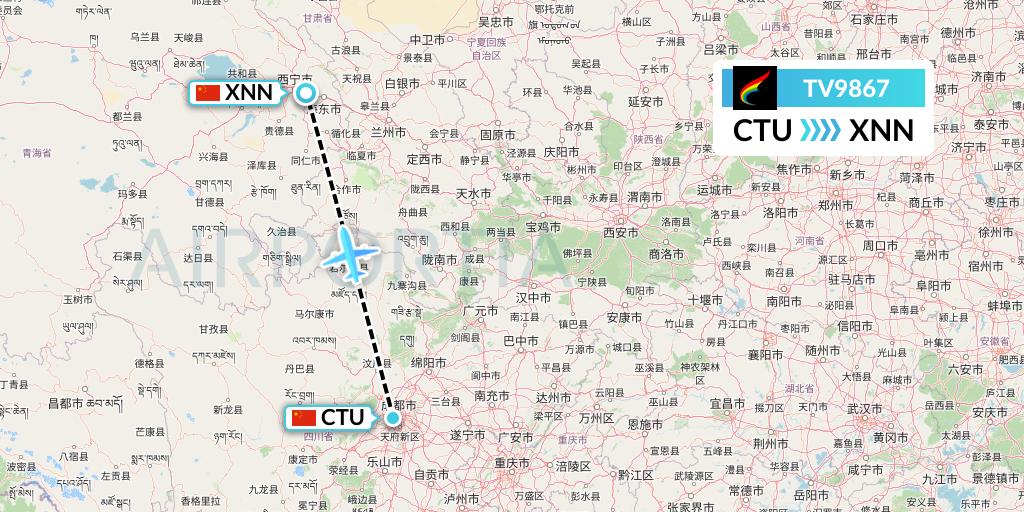 TV9867 Tibet Airlines Flight Map: Chengdu to Xining